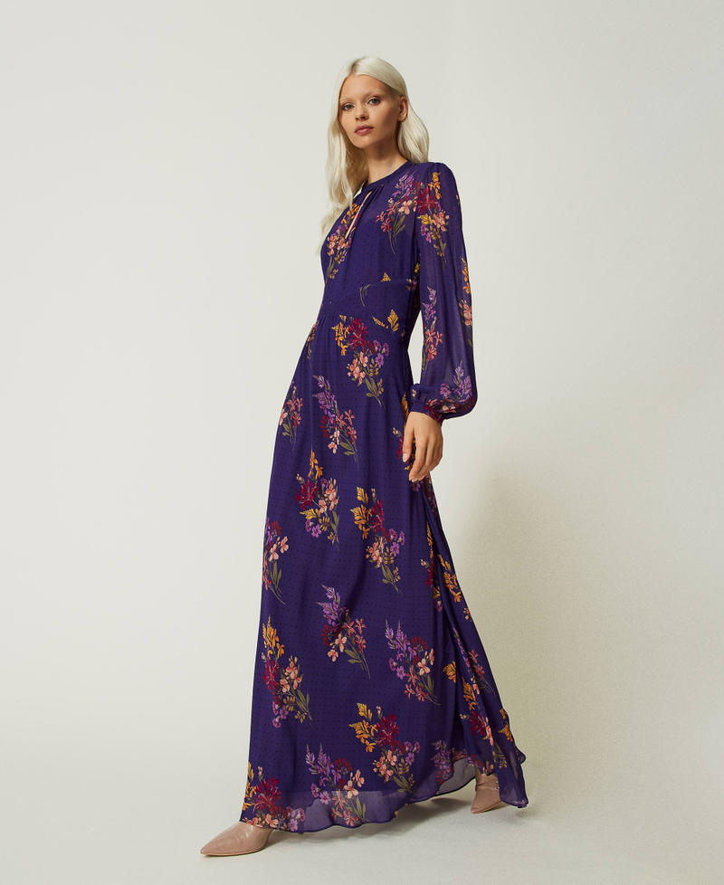 Floral georgette and polka dot long dress Jolie Fleurs Print / Dark Lavender Woman 232TT2460-02