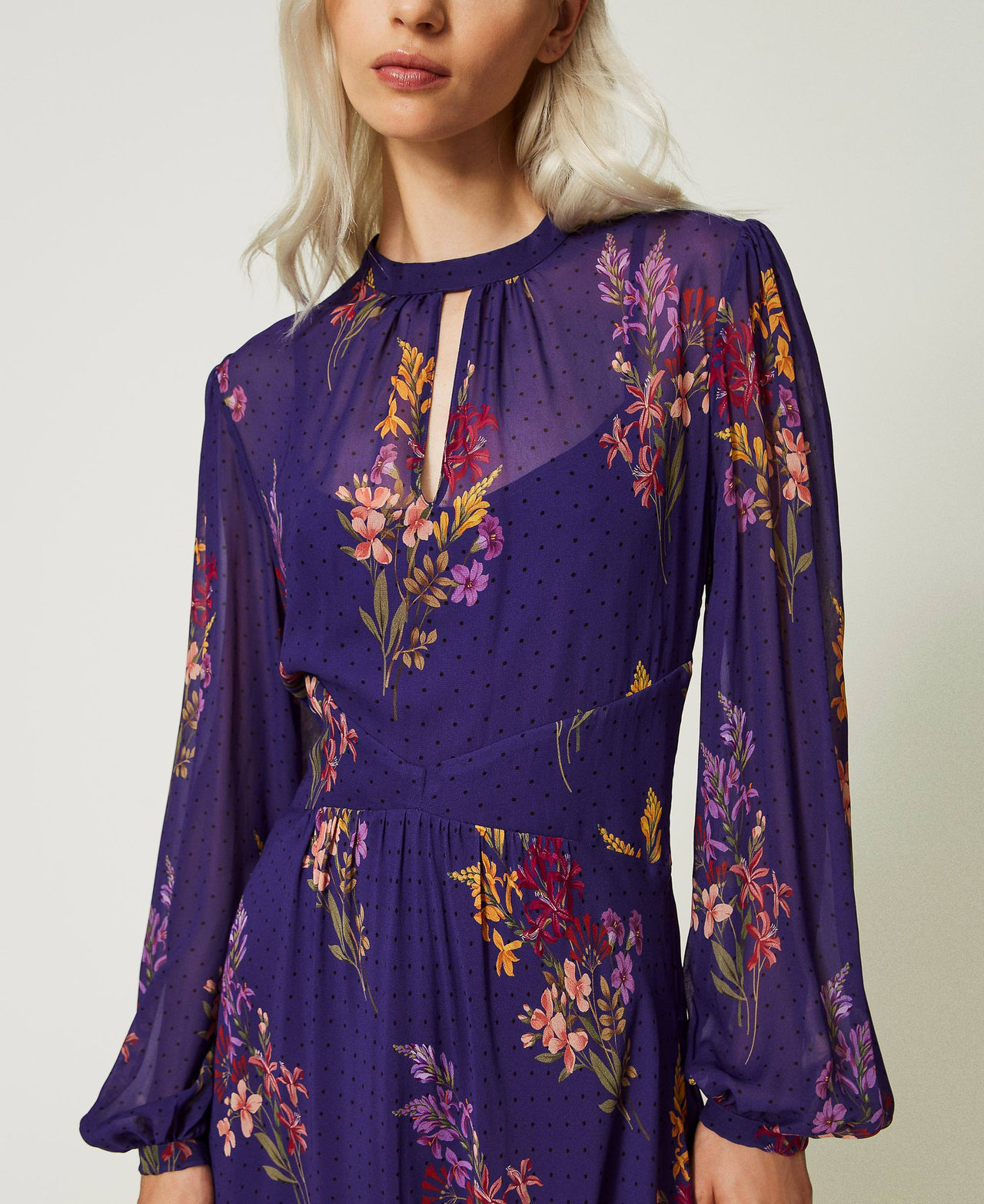 Floral georgette and polka dot long dress Woman Patterned