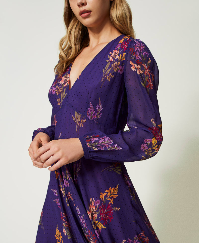 Kurzes Kleid aus Georgette mit Blumen und Tupfen Print Jolies Fleurs / Dunkles Lavendel Frau 232TT2462-04