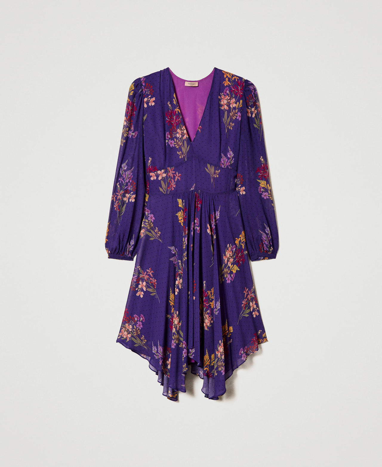 Kurzes Kleid aus Georgette mit Blumen und Tupfen Print Jolies Fleurs / Dunkles Lavendel Frau 232TT2462-0S