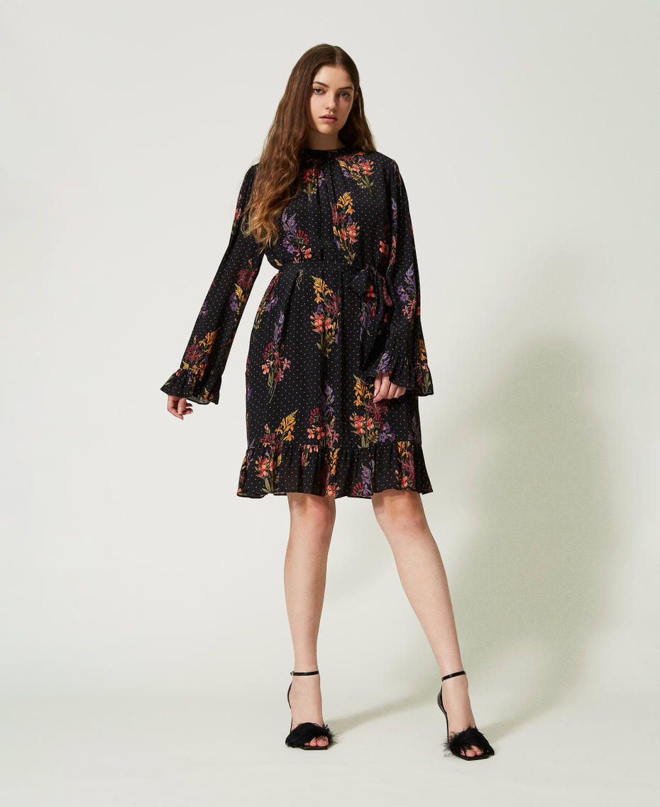 Floral crêpe and polka dot short dress