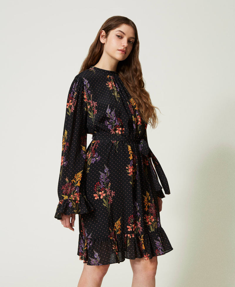 Floral crêpe and polka dot short dress