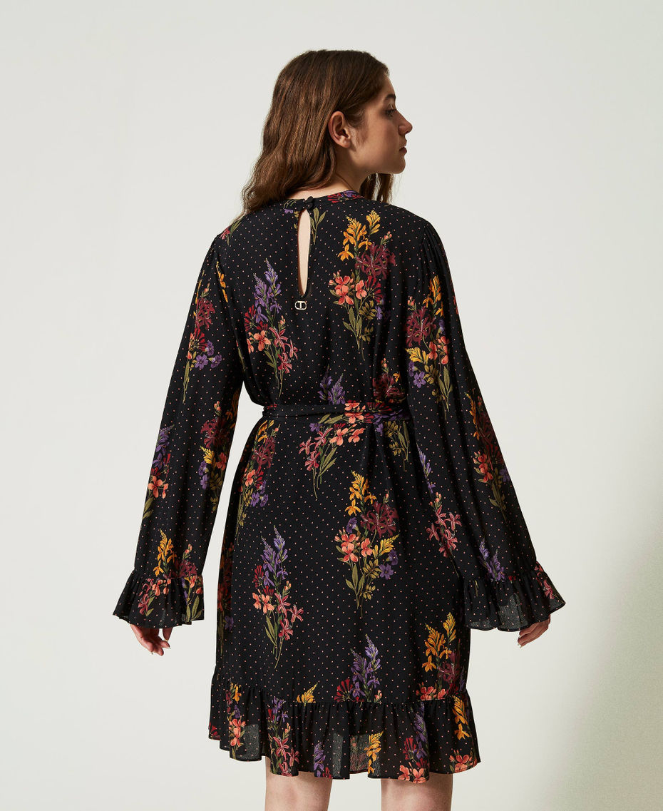 Kurzes Kleid aus Krepp mit Blumen und Tupfen Print Jolies Fleurs / Schwarz Frau 232TT2471-03