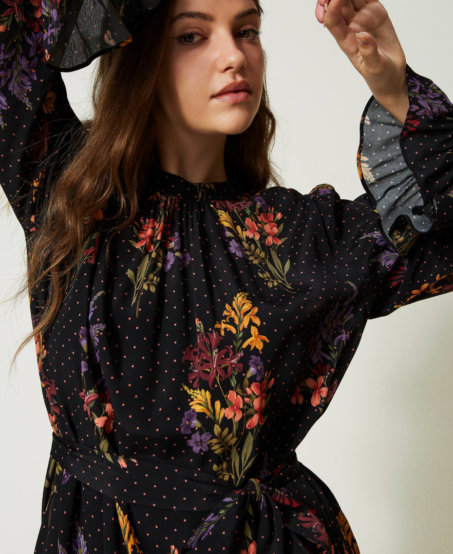 Floral crêpe and polka dot short dress