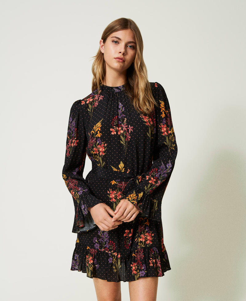 Floral crêpe and polka dot short dress