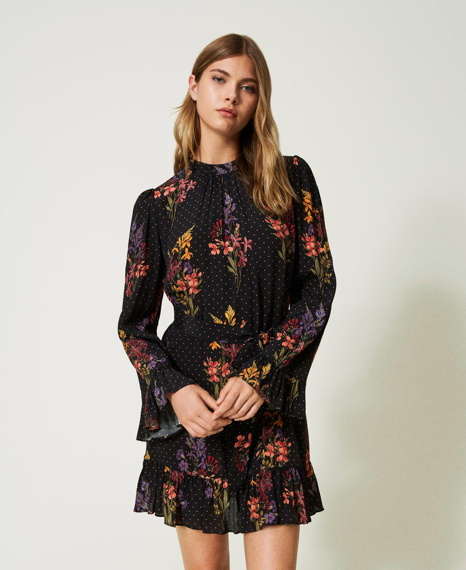 Floral crêpe and polka dot short dress
