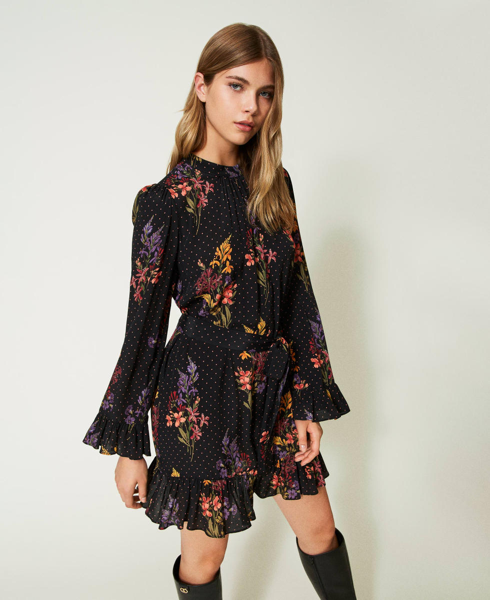 Vestido corto en crepé de flores y lunares Mujer, Negro