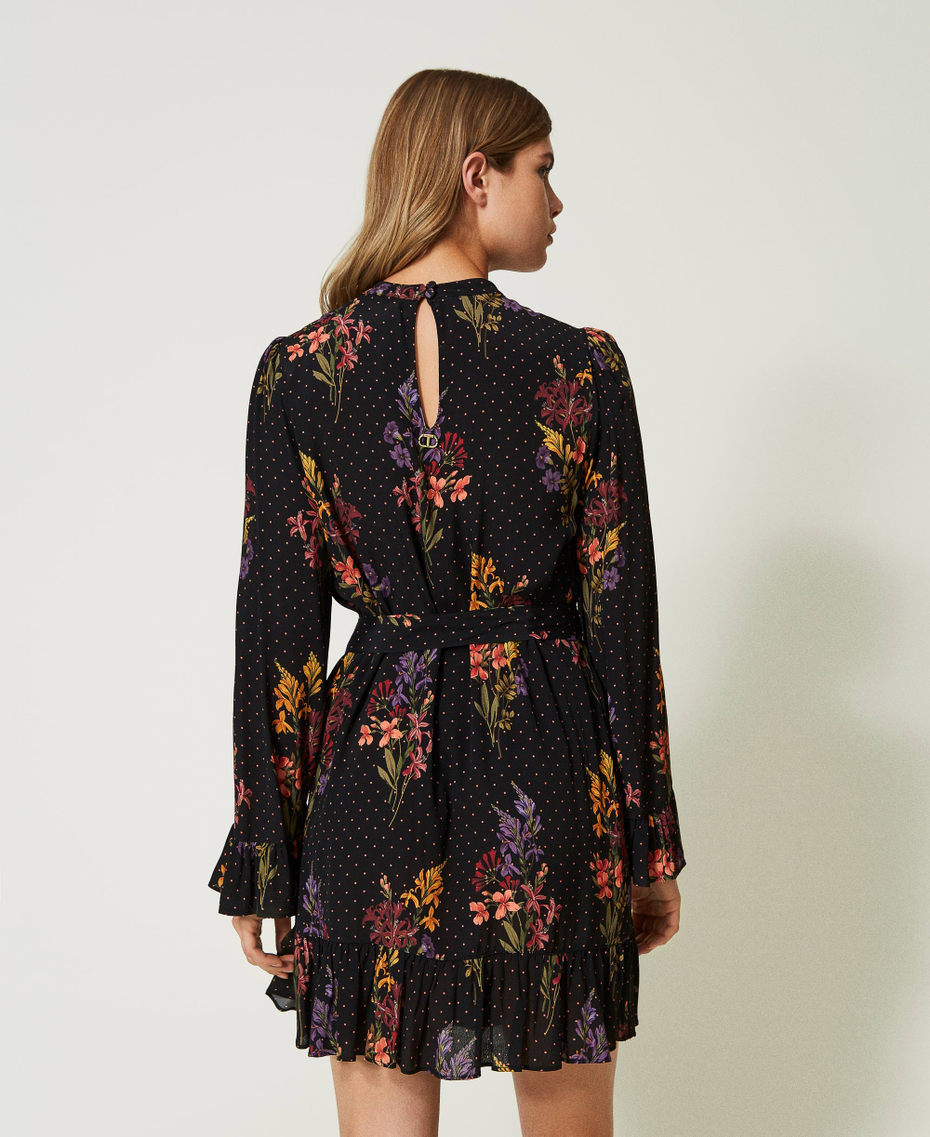 Floral crêpe and polka dot short dress