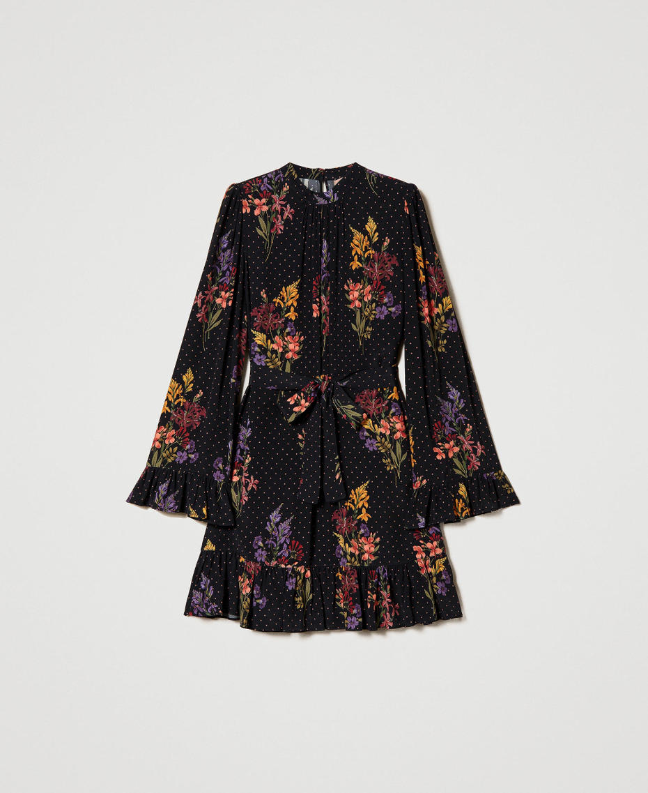 Abito corto in crêpe a fiori e pois