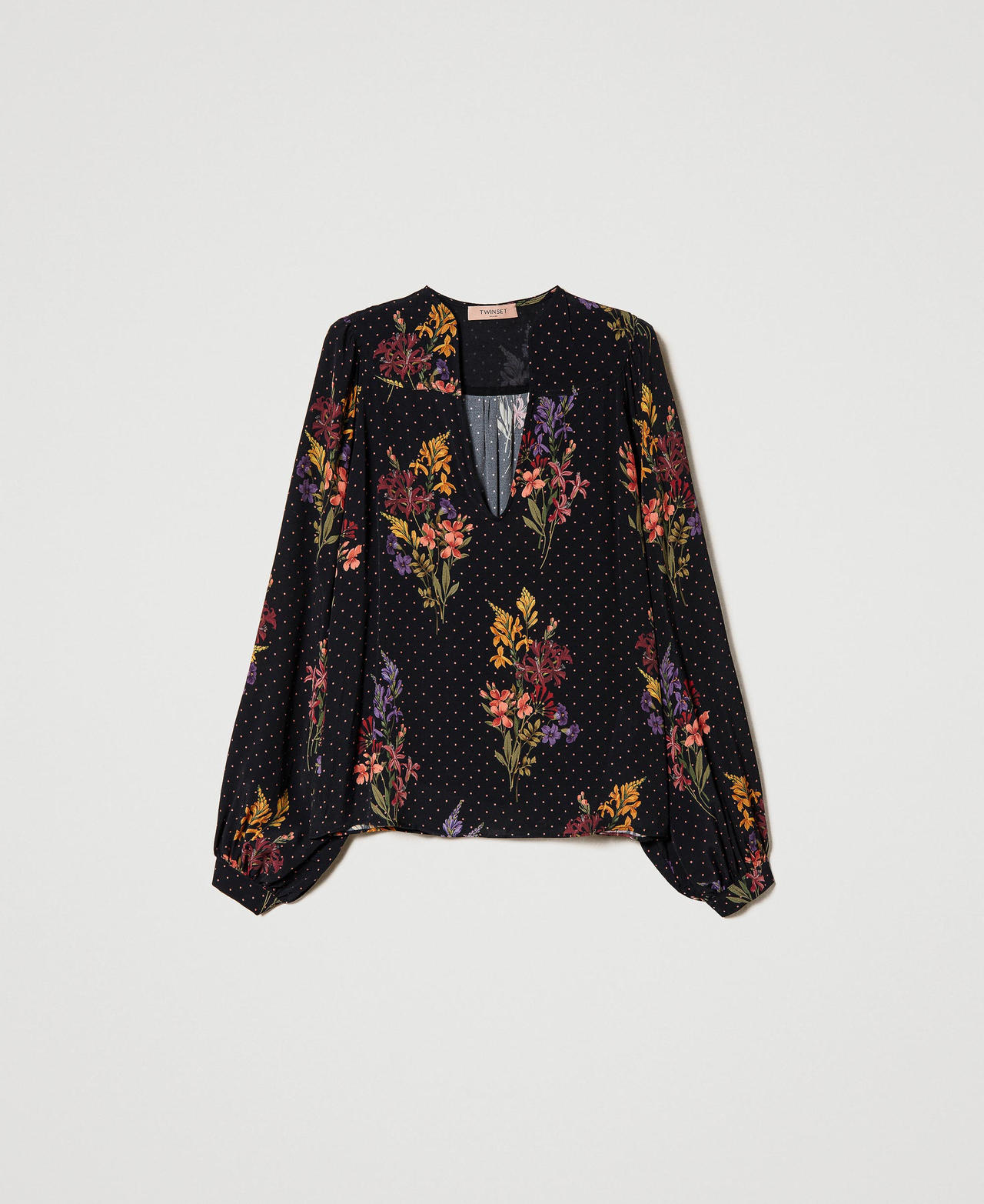 Bluse aus Krepp mit Blumen und Tupfen Print Jolies Fleurs / Schwarz Frau 232TT2473-0S