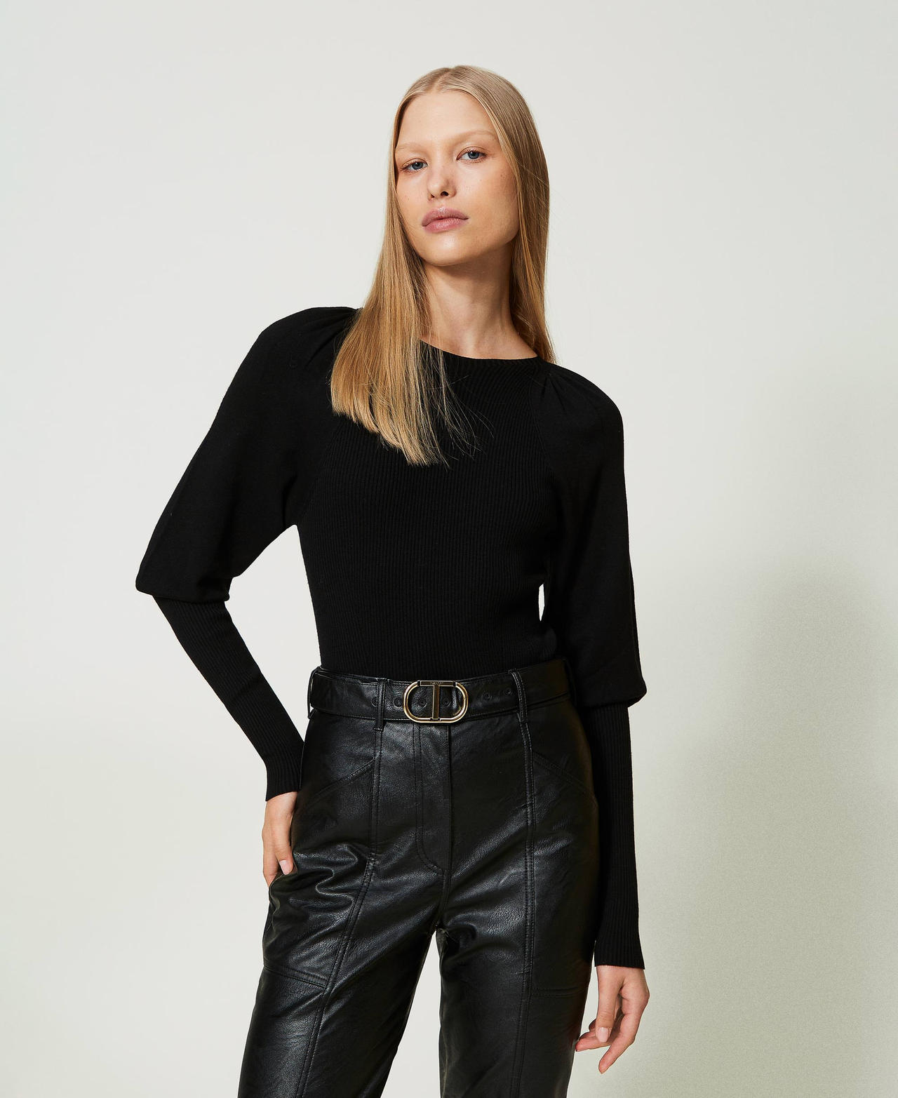 Fitted jumper with gathering Woman Black TWINSET Milano