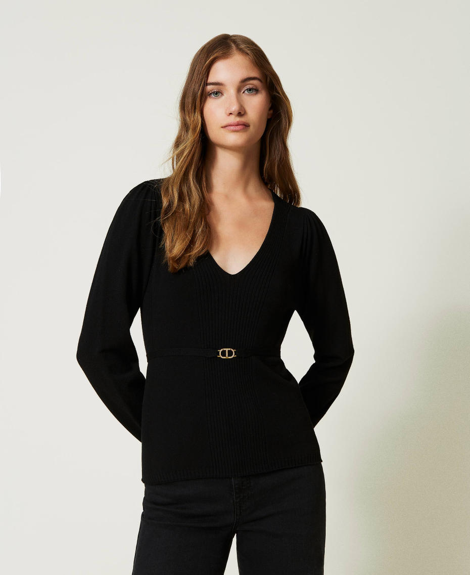 Seamless jumper with Oval T belt Black Woman 232TT3065_00006_01