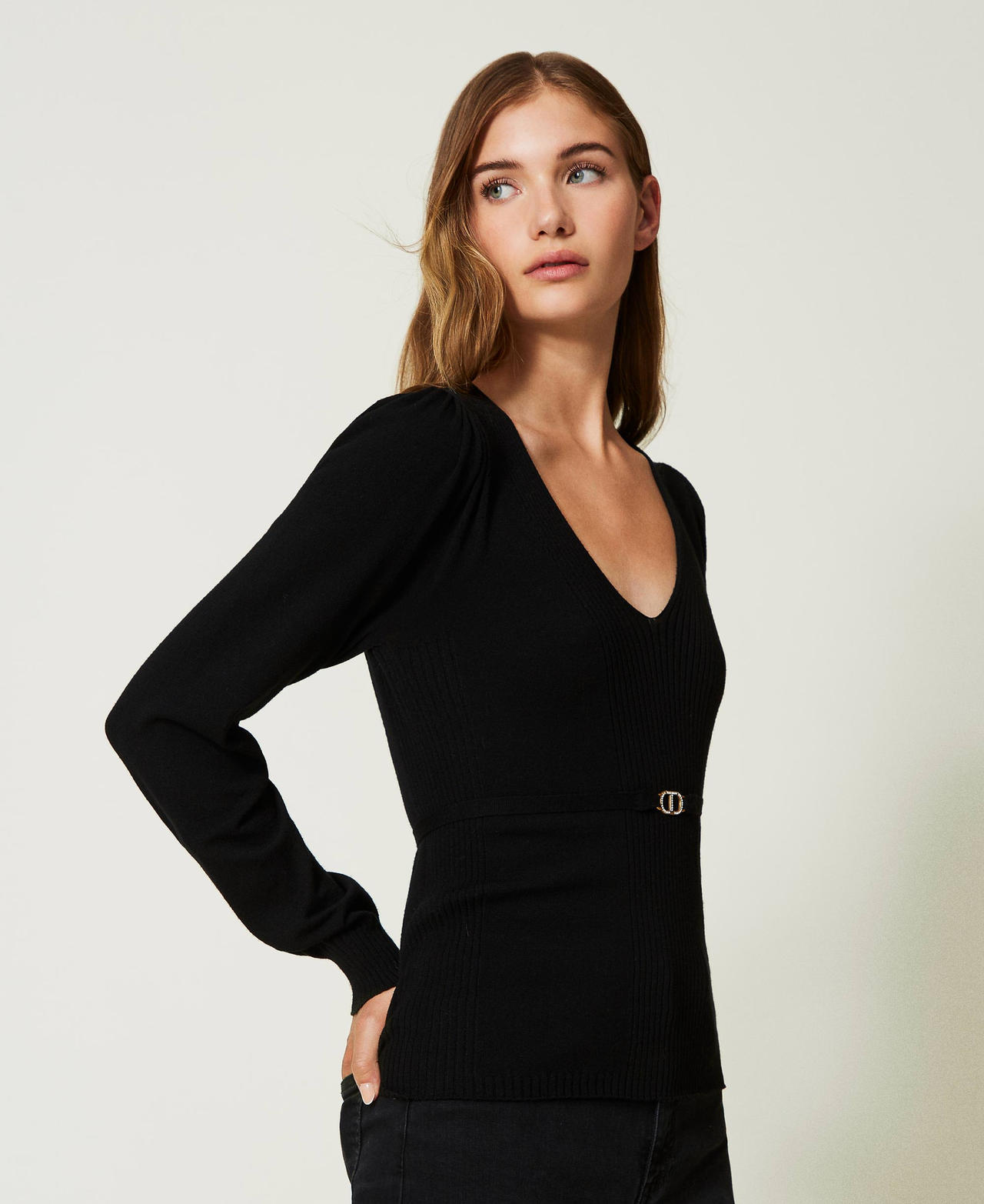 Seamless jumper with Oval T belt Black Woman 232TT3065_00006_02