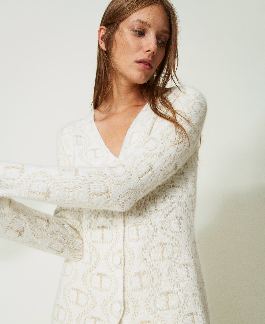 Angora and lurex cardigan with Oval T Snow Oval T Jacquard / Gold Woman 232TT3122-04