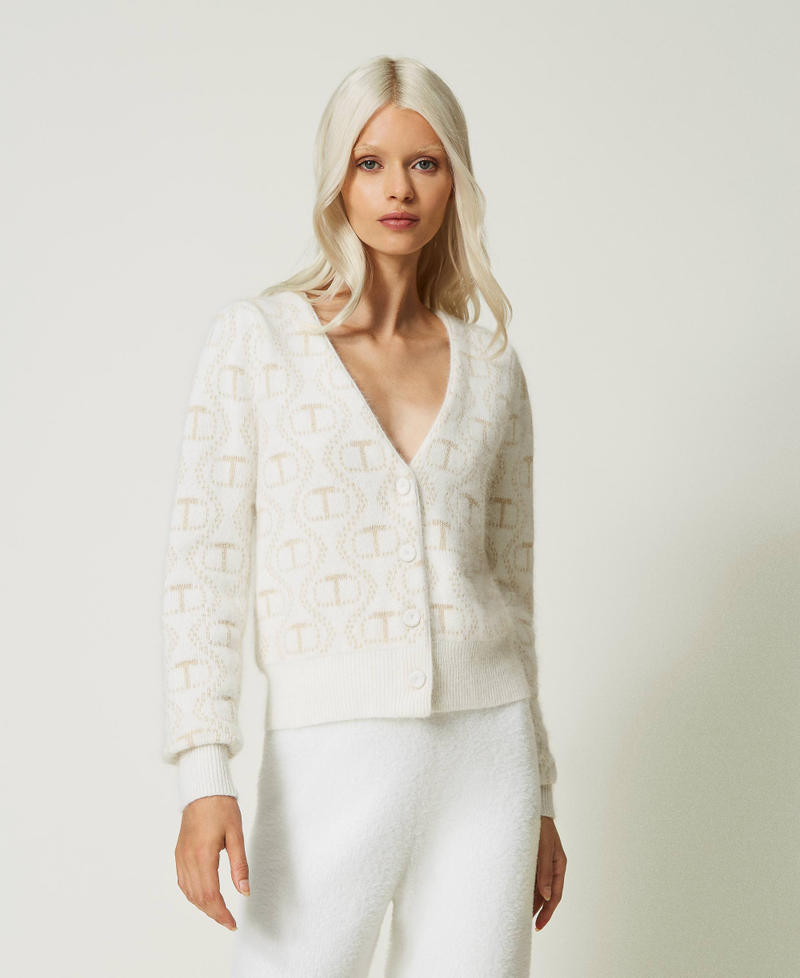 Angora and lurex cardigan with Oval T Snow Oval T Jacquard / Gold Woman 232TT3123-02