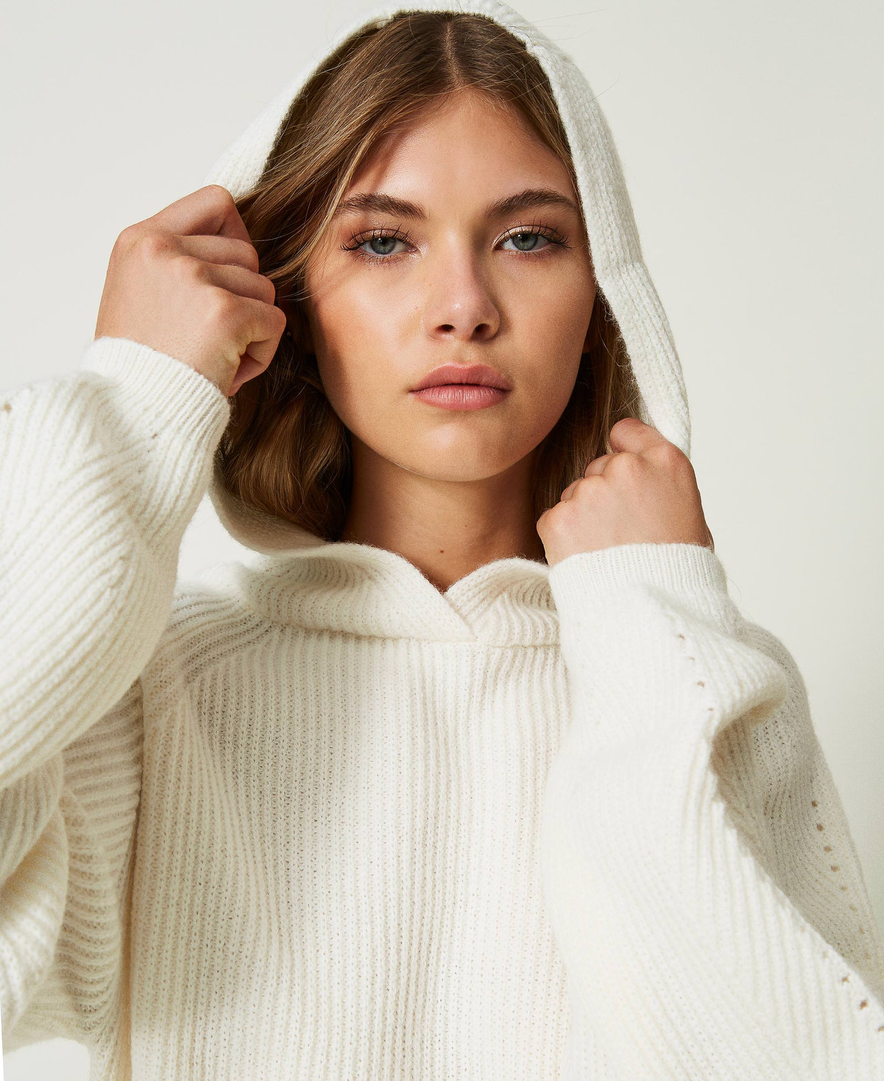 Wool blend bomber jacket with cable knit Woman White TWINSET Milano