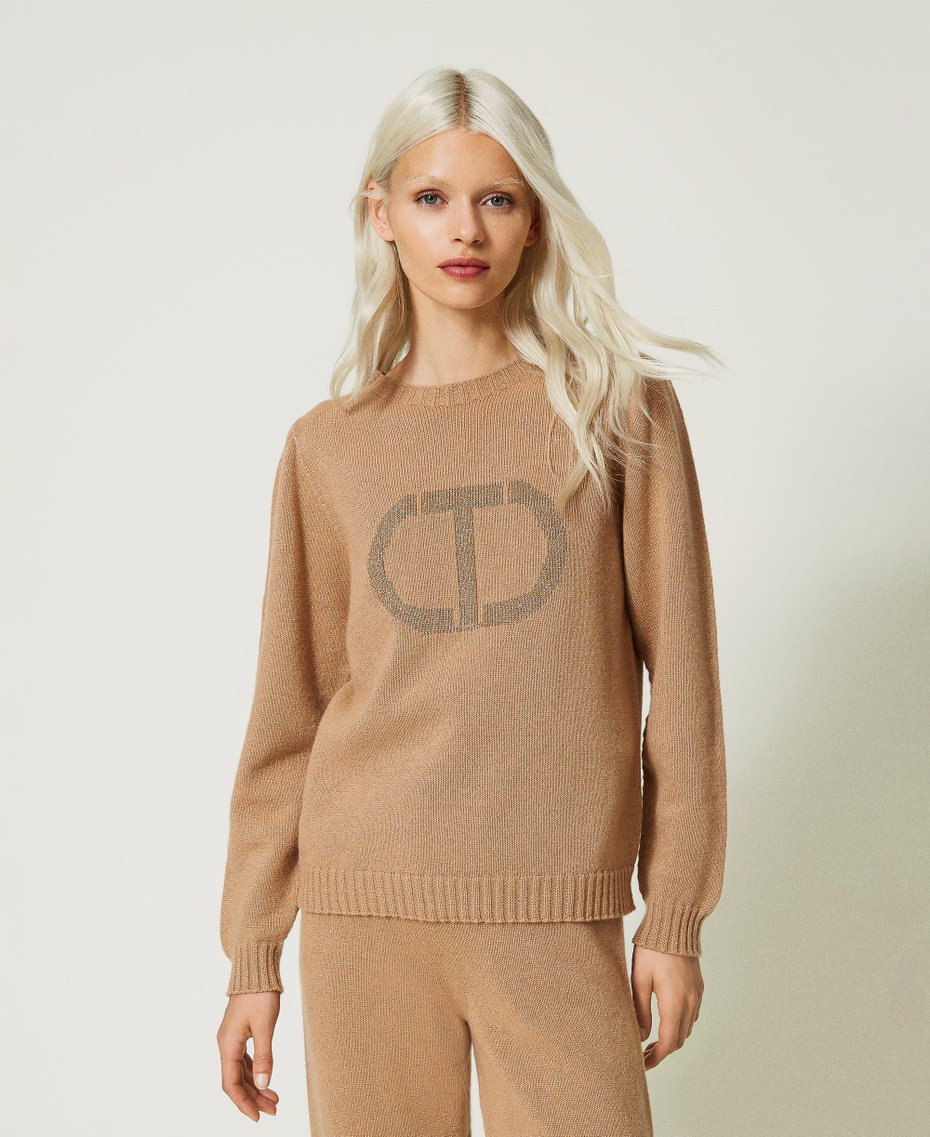 Wool and lurex blend jumper with Oval T Pecan Brown Woman 232TT3203-01