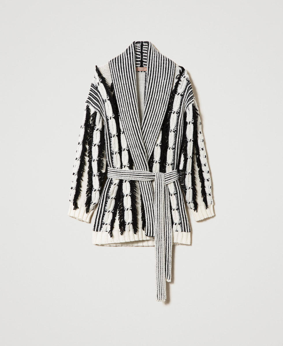 Cardigan en laine m&eacute;lang&eacute;e bicolore Bicolore Blanc Neige&nbsp;/ Noir Femme 232TT3213_03711_S0