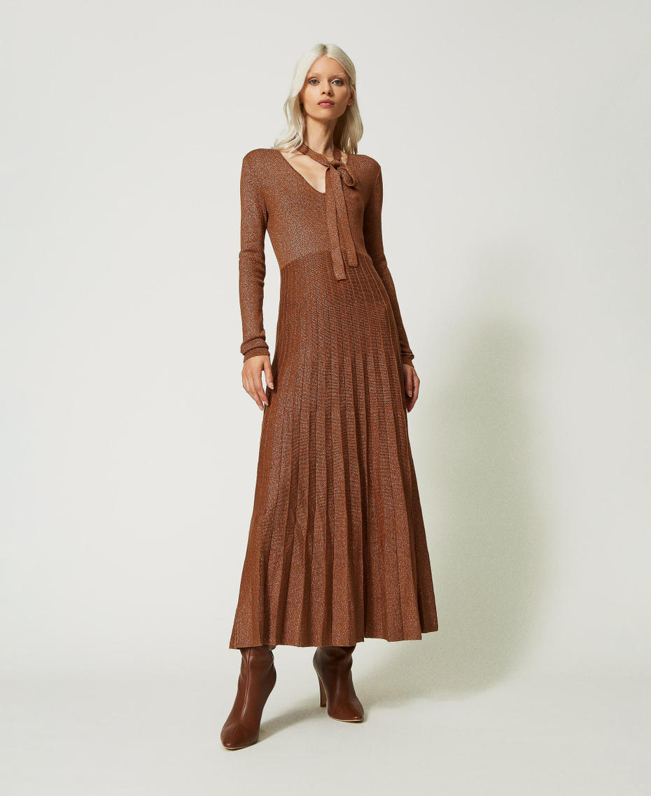 Long pleated lurex knit dress "Bubinga Wood” Brown Woman 232TT3270-01