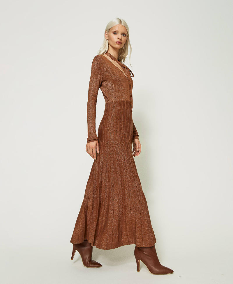 Long pleated lurex knit dress "Bubinga Wood” Brown Woman 232TT3270-02