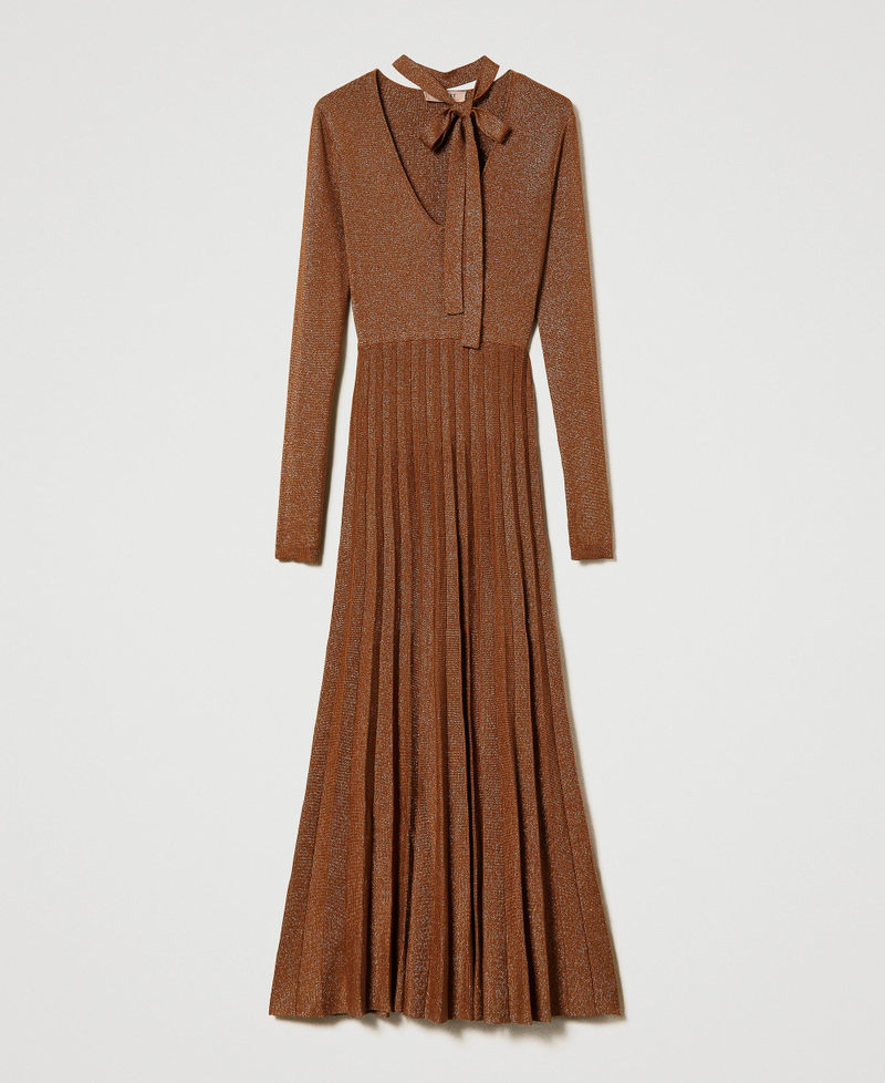 Длинное трикотажное плиссированное платье с люрексом Коричневый "Дерево бубинга" женщина 232TT3270-0S