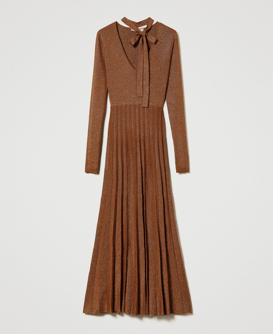 Long pleated lurex knit dress "Bubinga Wood” Brown Woman 232TT3270-0S
