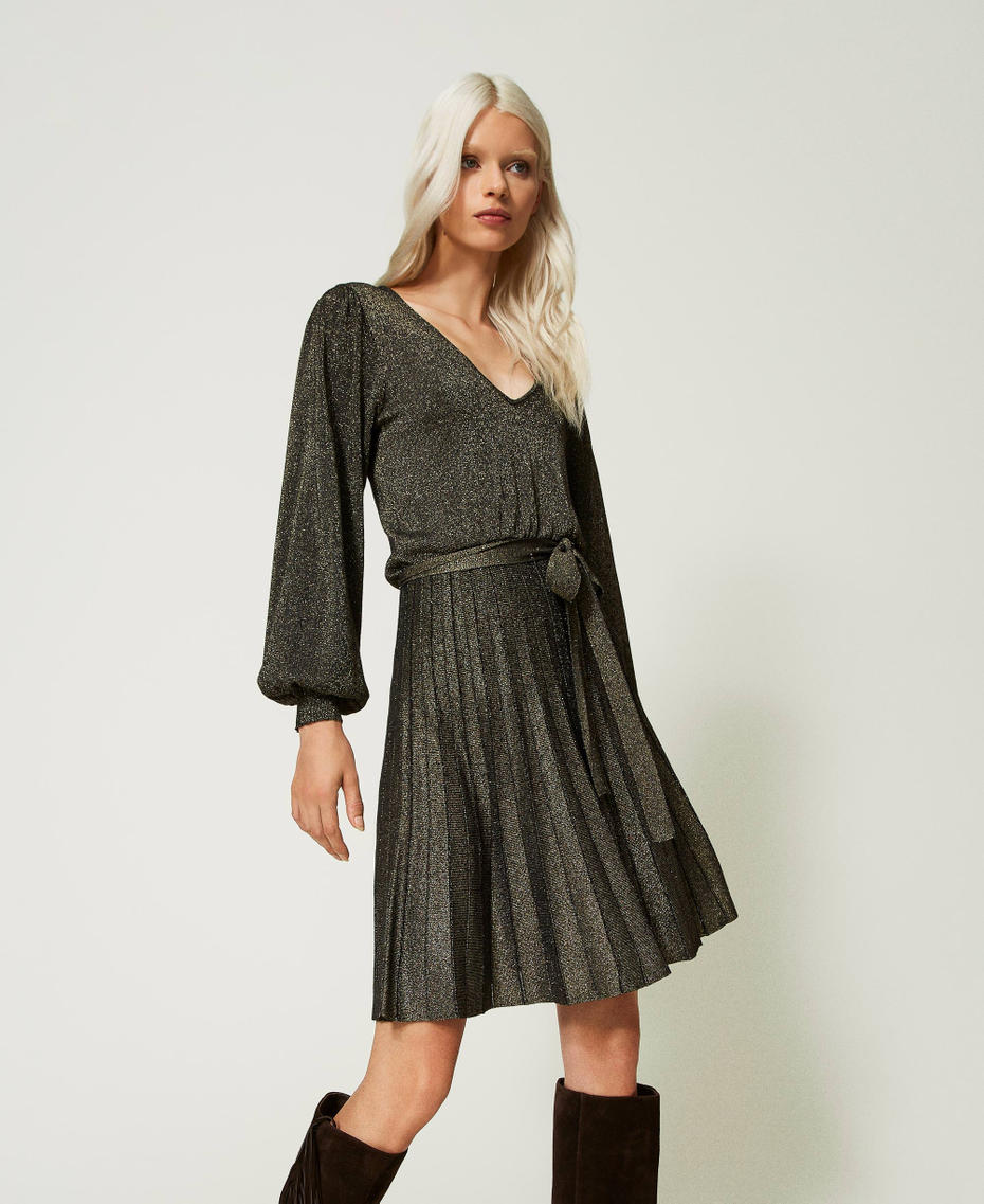 Короткое трикотажное плиссированное платье с люрексом Черный женщина 232TT3271-01