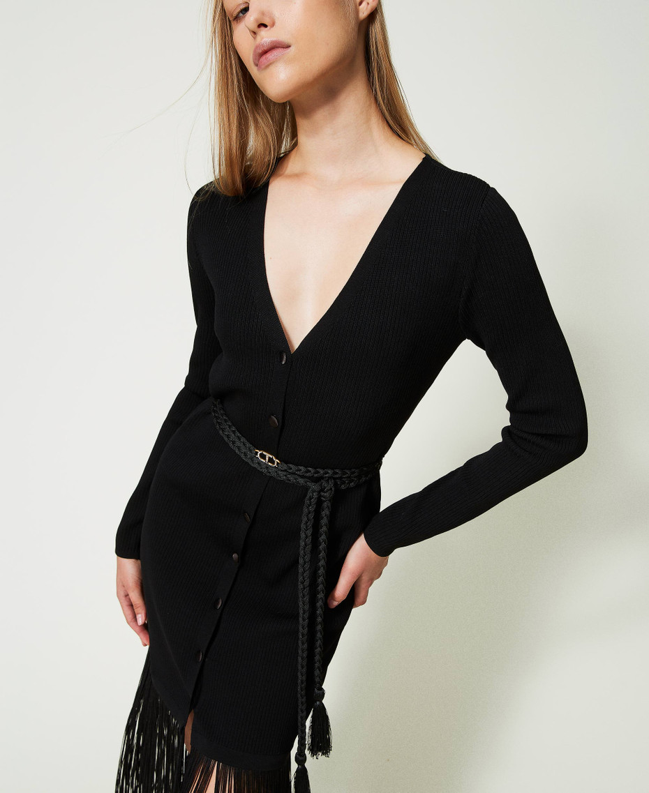 Abito Longuette Con Raso E Frange Donna, Nero | TWINSET Milano