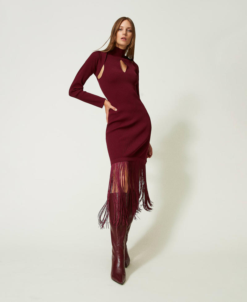 Long dress with fringes and shrug "Cabernet” Red Woman 232TT3281-01