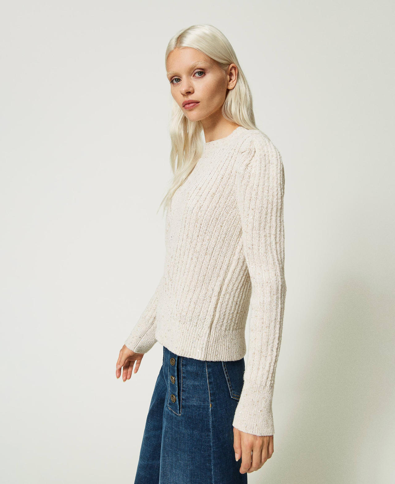 Ribbed turtleneck jumper with sequins Woman, White | TWINSET Milano