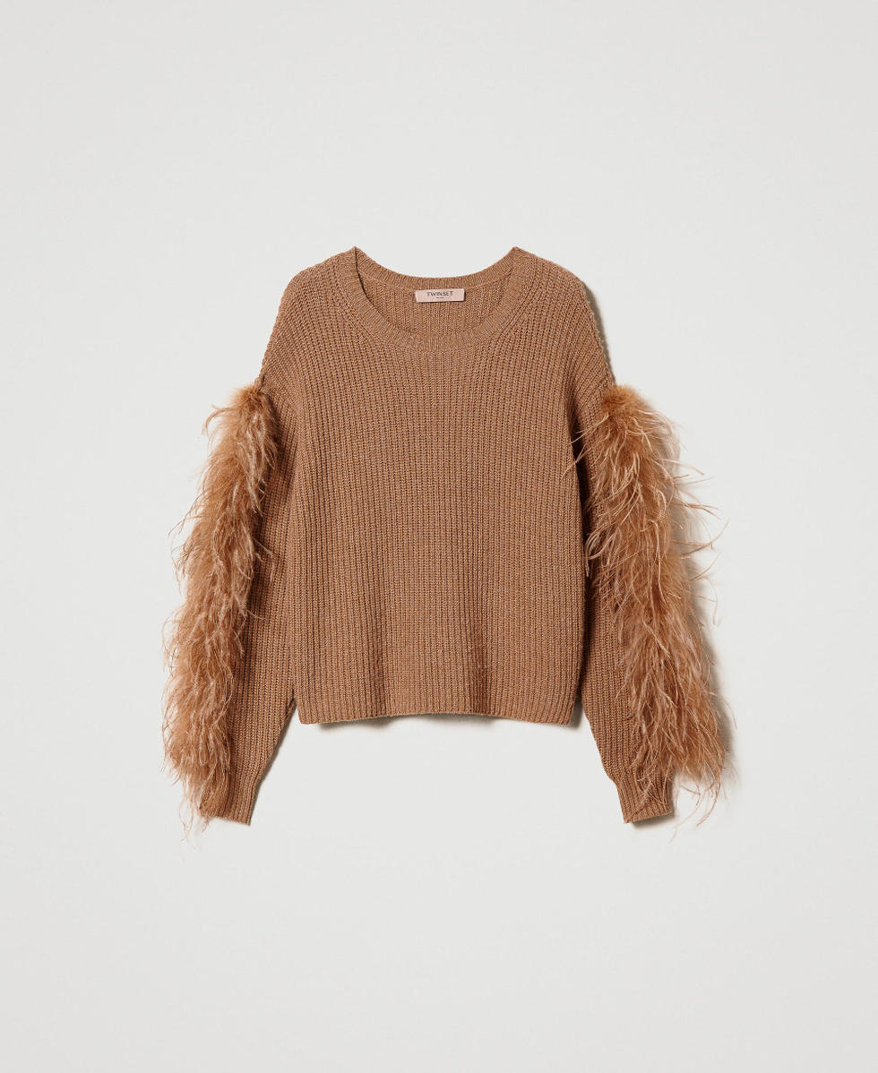 Wool blend jumper with feathers Pecan Brown Woman 232TT3330_11063_0S