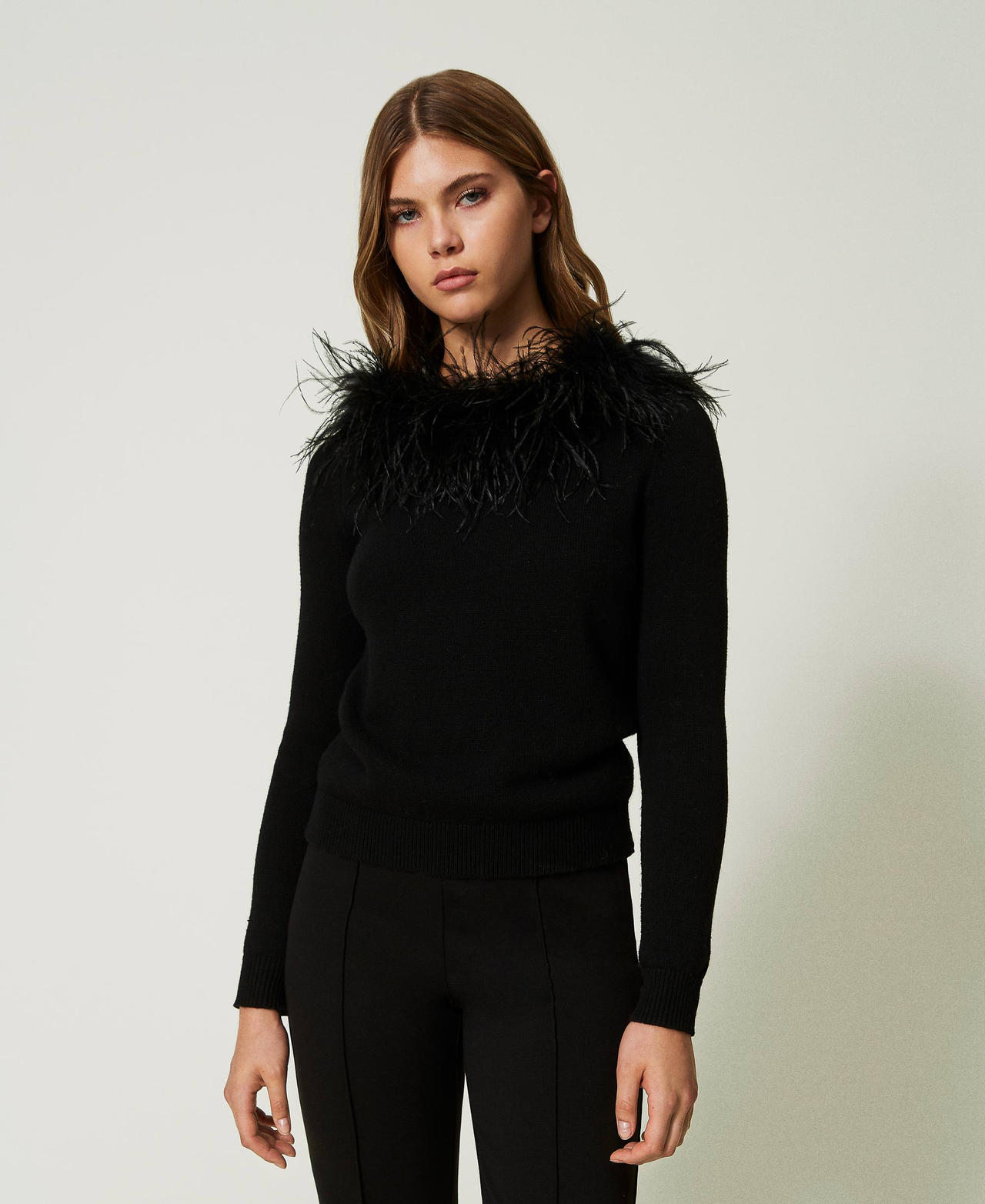 Regular wool blend jumper with feathers