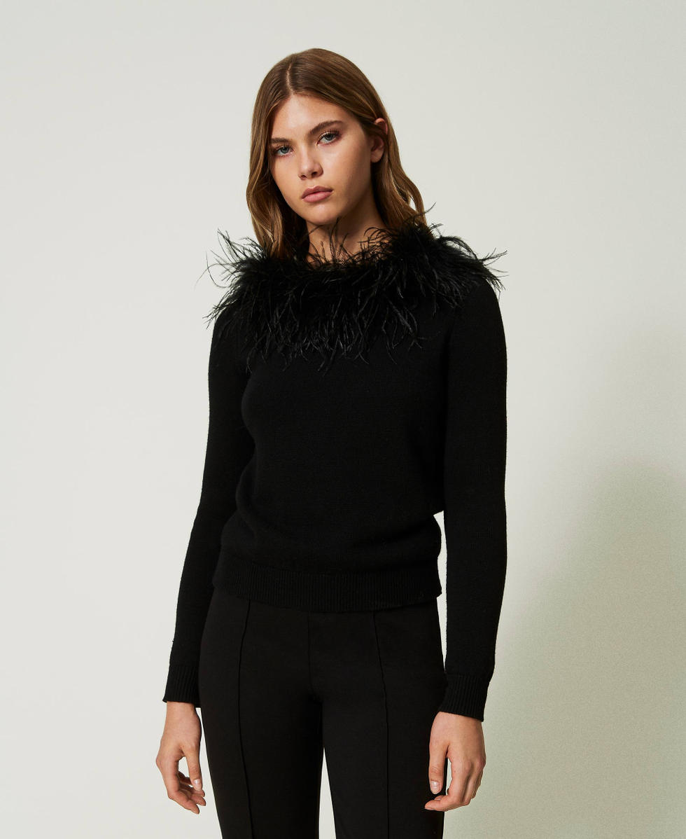 Maglia regular in misto lana con piume Nero Donna 232TT3331_00006_02