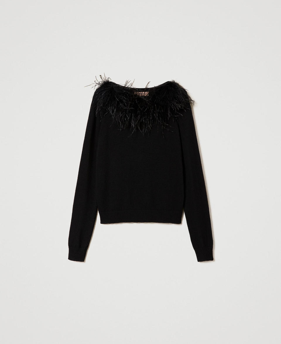 Regular wool blend jumper with feathers Black Woman 232TT3331_00006_0S