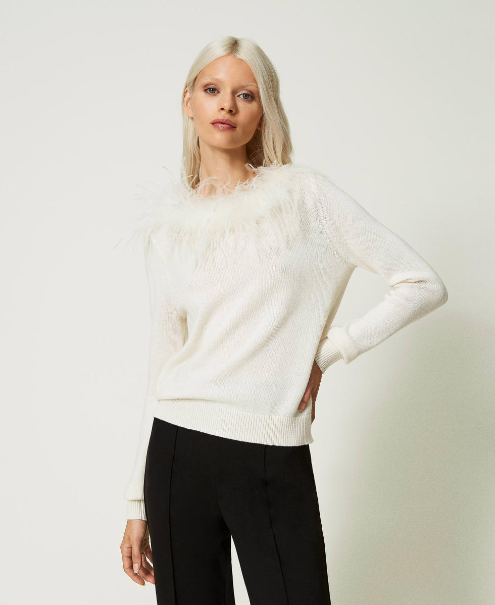 Regular wool blend jumper with feathers Woman, White