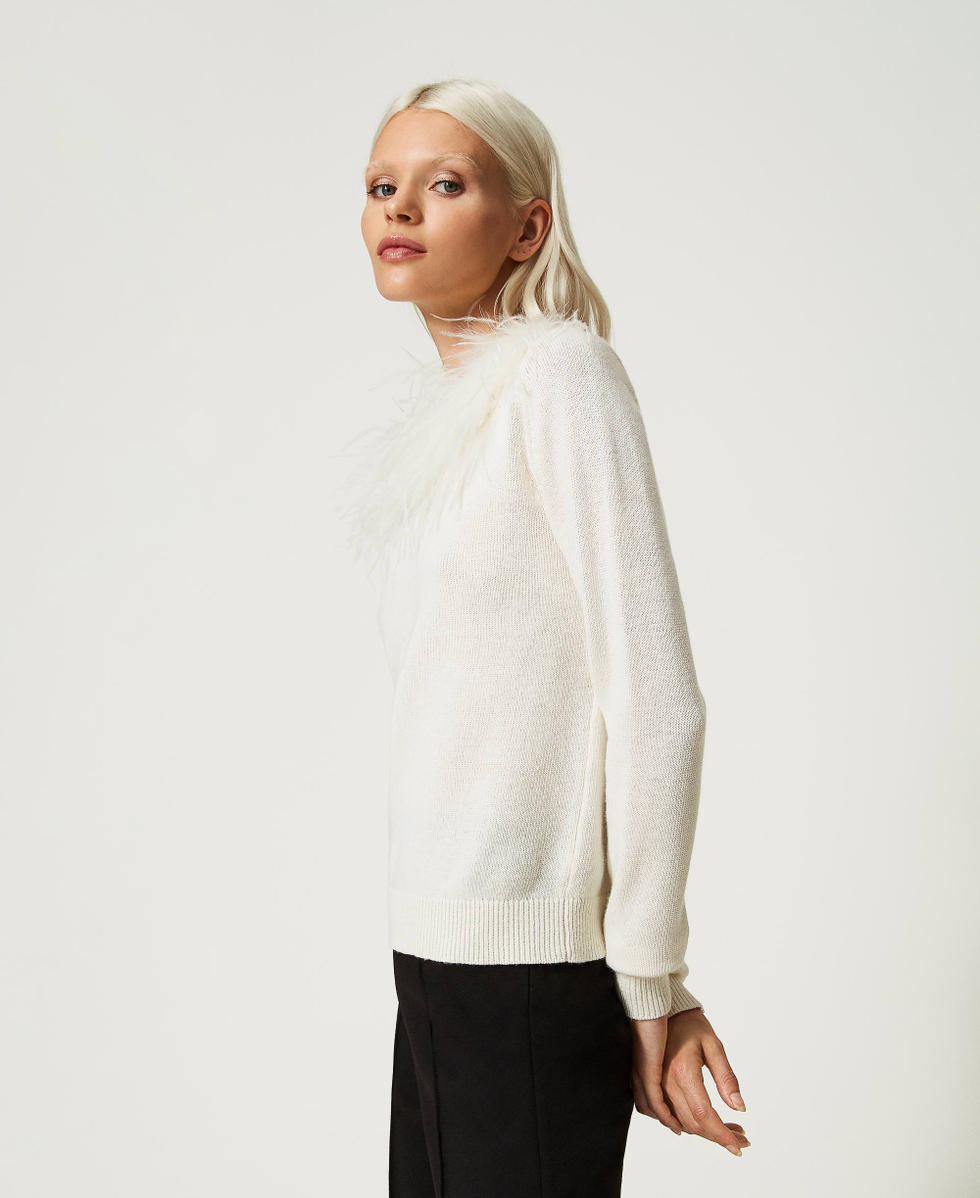 Regular wool blend jumper with feathers White Snow Woman 232TT3331_00282_02