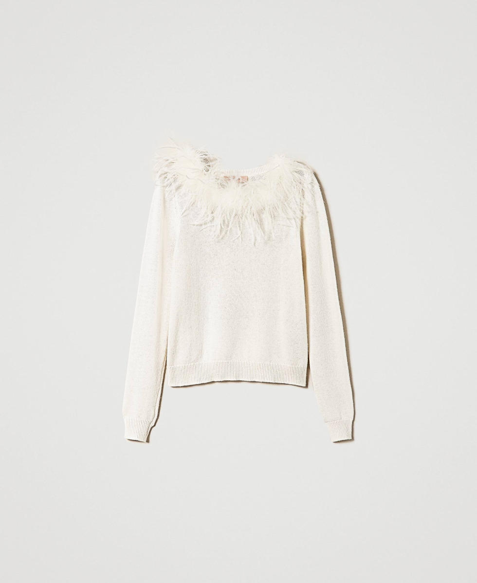 Regular wool blend jumper with feathers White Snow Woman 232TT3331_00282_S0