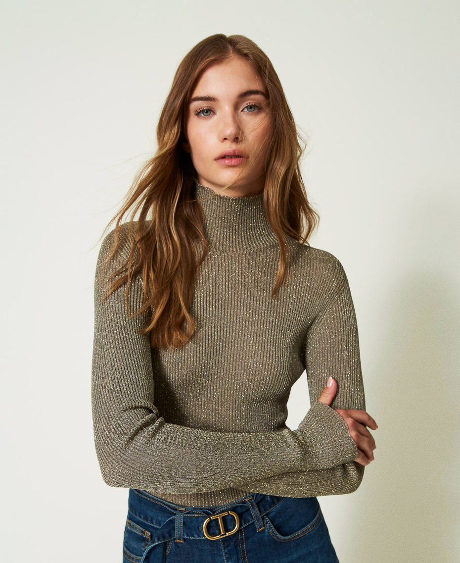 Ribbed lurex turtleneck jumper "Natural Sage” Green Woman 232TT3350_11060_01