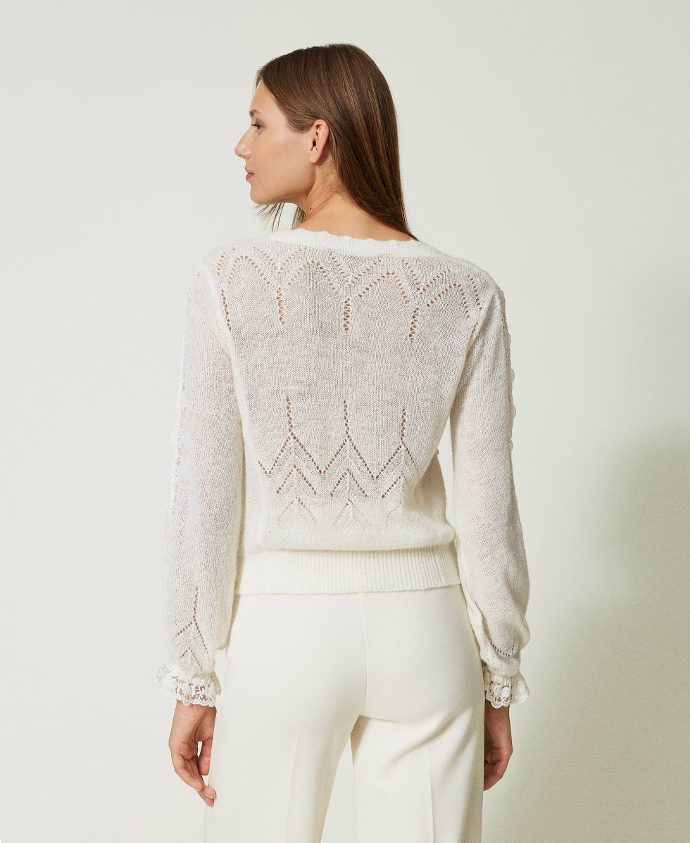Alpaca blend cardigan with lace Woman White TWINSET Milano