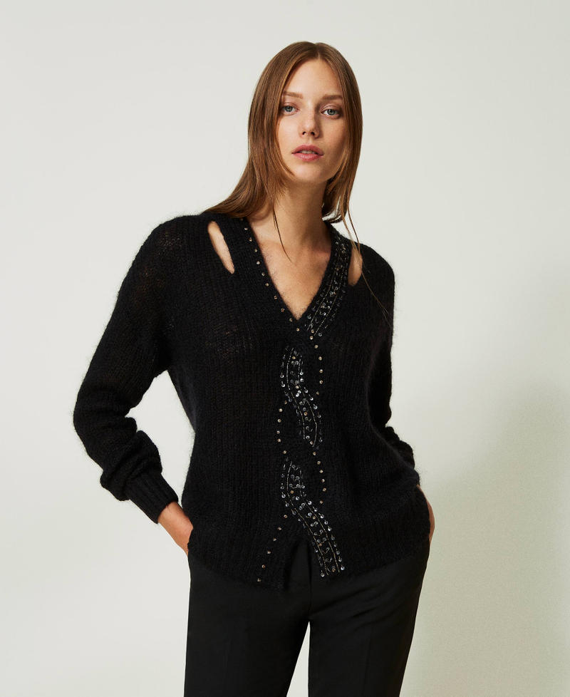 Pull en mohair m&eacute;lang&eacute; avec broderie Noir Femme 232TT3390_00006_01