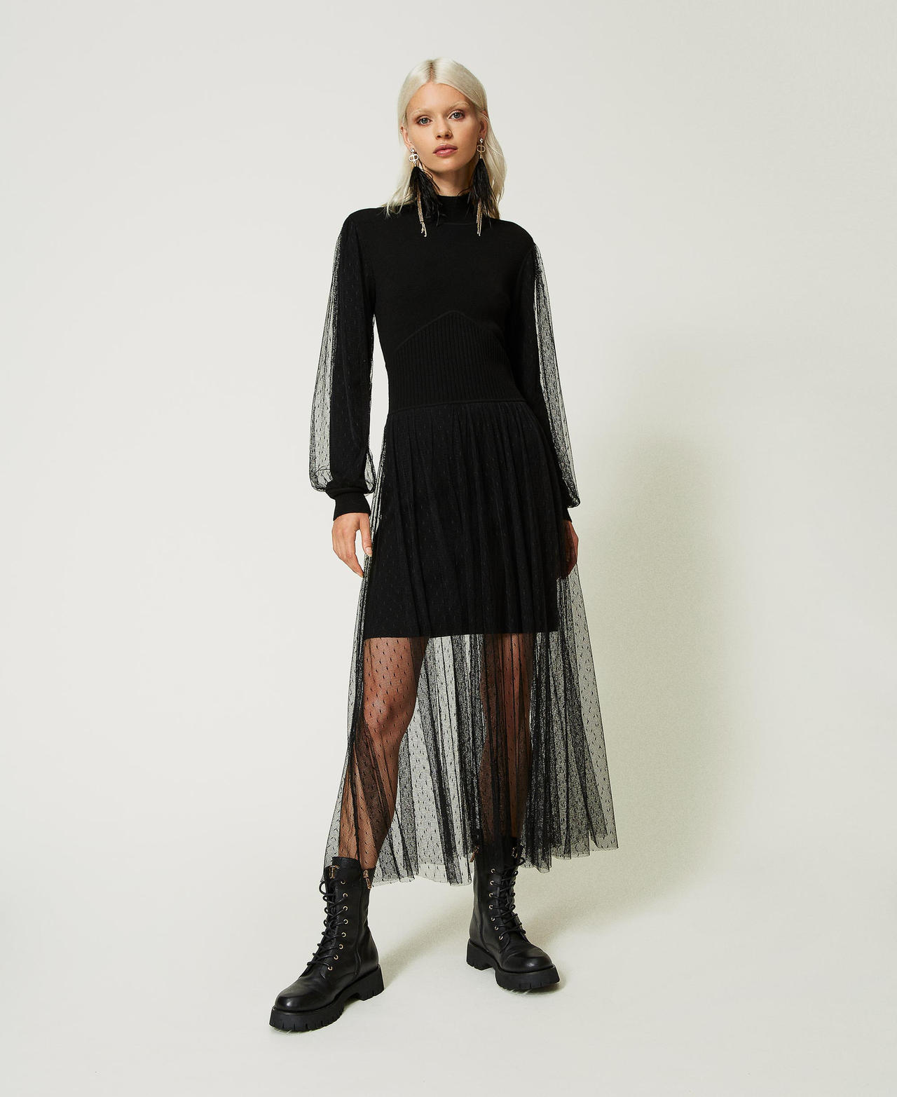 Long tulle and knit dress Woman, Black | TWINSET Milano