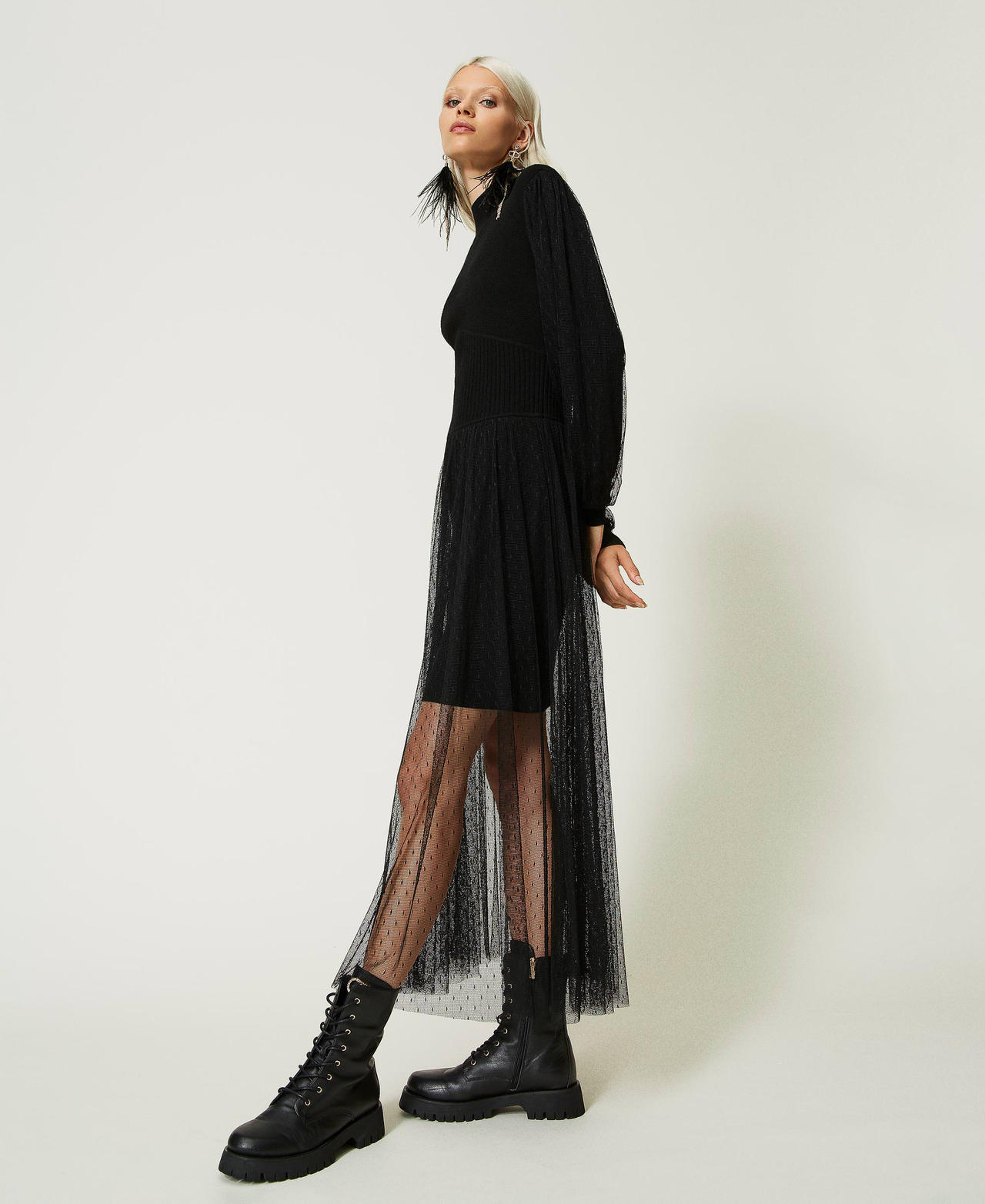 Long tulle and knit dress Black Woman 232TT3413-02