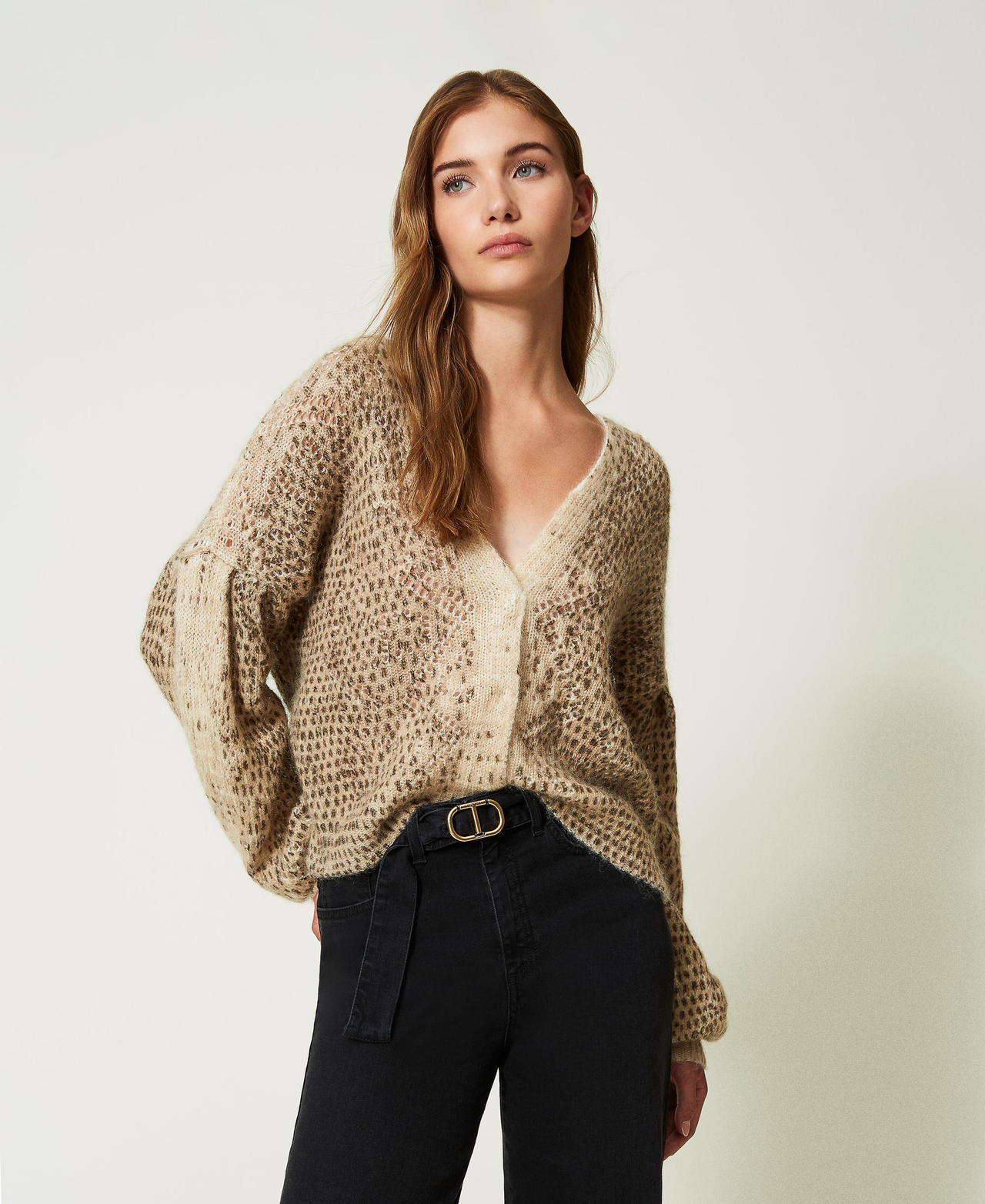 Twinset - Cardigan-maglia in misto lana e mohair, Stampa Lizard Knit, Animalier, Taglia: XXL