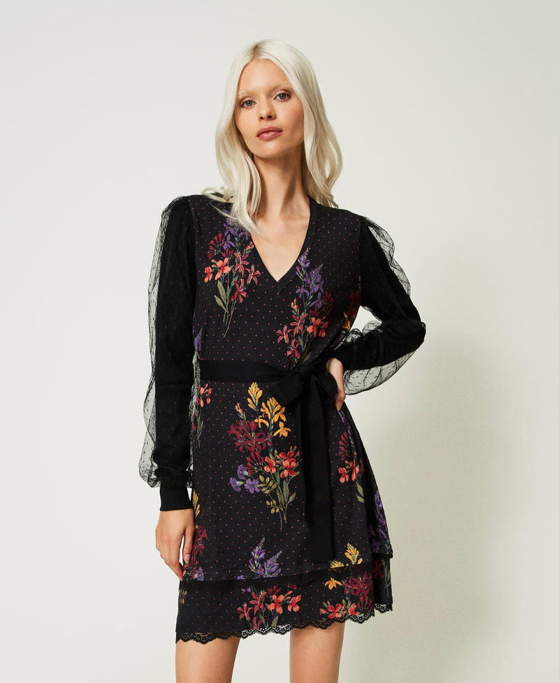 Короткое трикотажное платье с рукавами из тюля Принт Очаровательные Цветы/Черный женщина 232TT3480-01