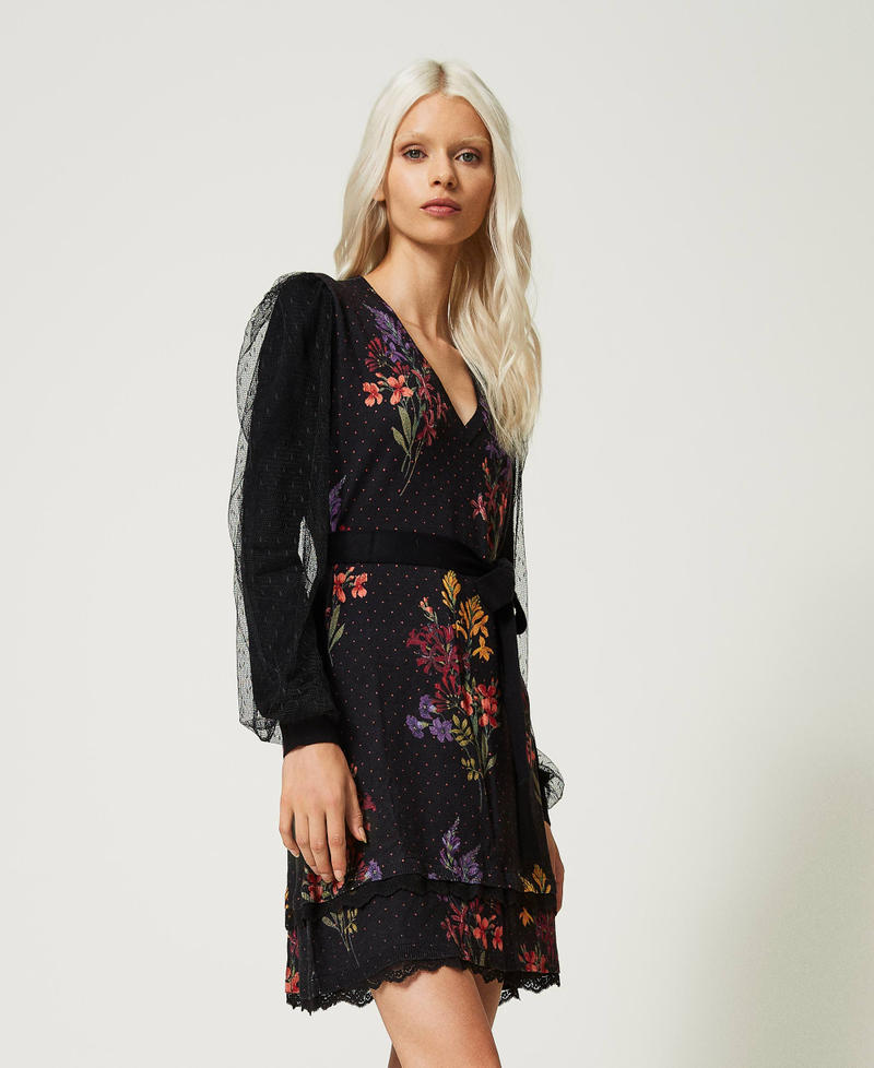 Short knit dress with tulle sleeves Jolie Fleurs Print / Black Woman 232TT3480-02