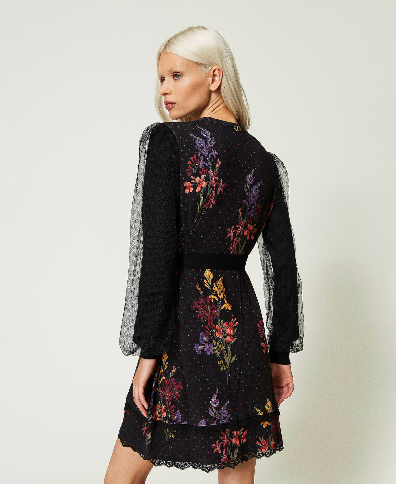 Short knit dress with tulle sleeves Jolie Fleurs Print / Black Woman 232TT3480-03