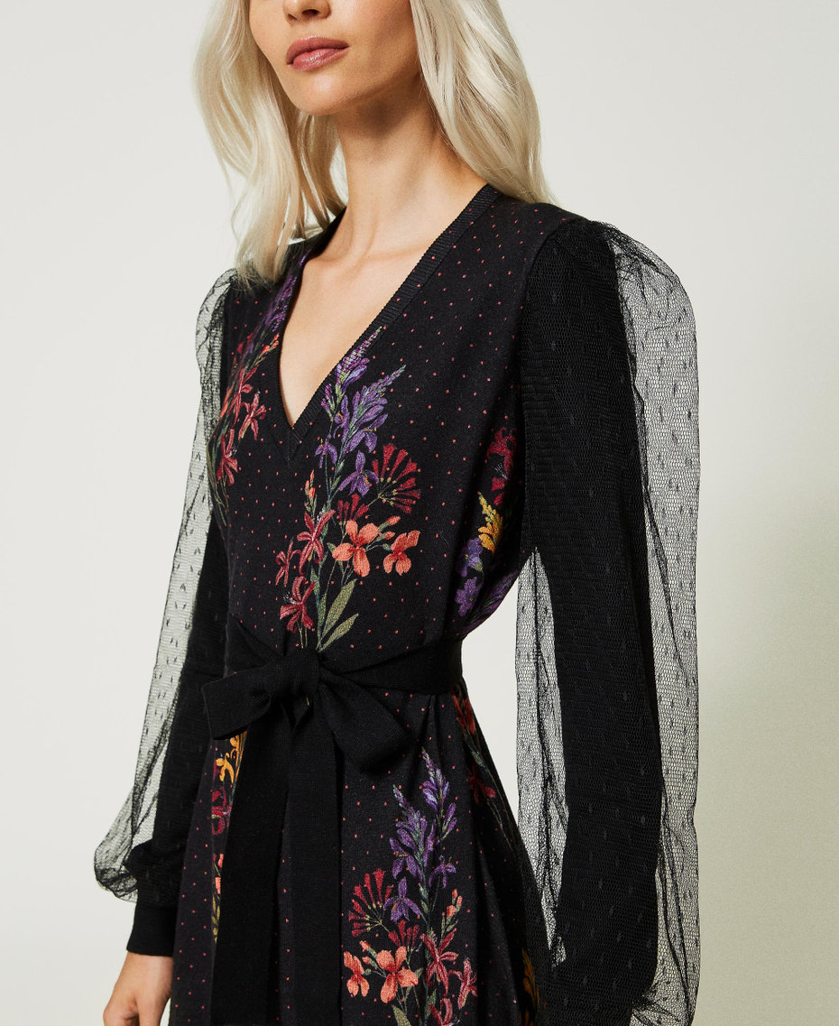 Short knit dress with tulle sleeves Jolie Fleurs Print / Black Woman 232TT3480-04