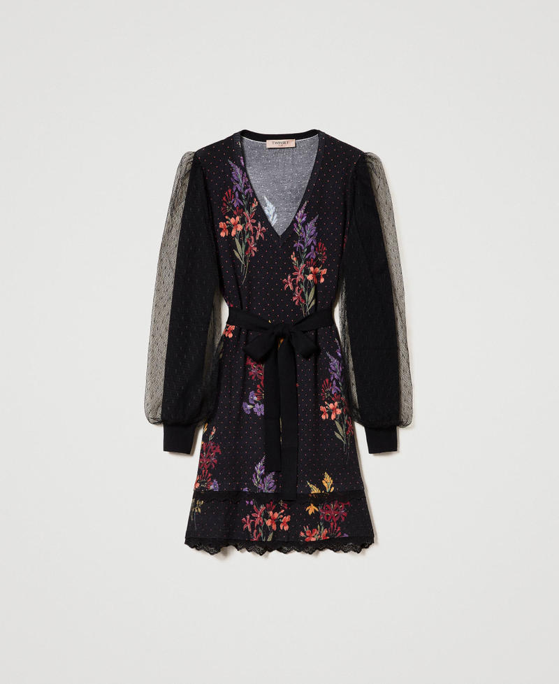 Короткое трикотажное платье с рукавами из тюля Принт Очаровательные Цветы/Черный женщина 232TT3480-0S