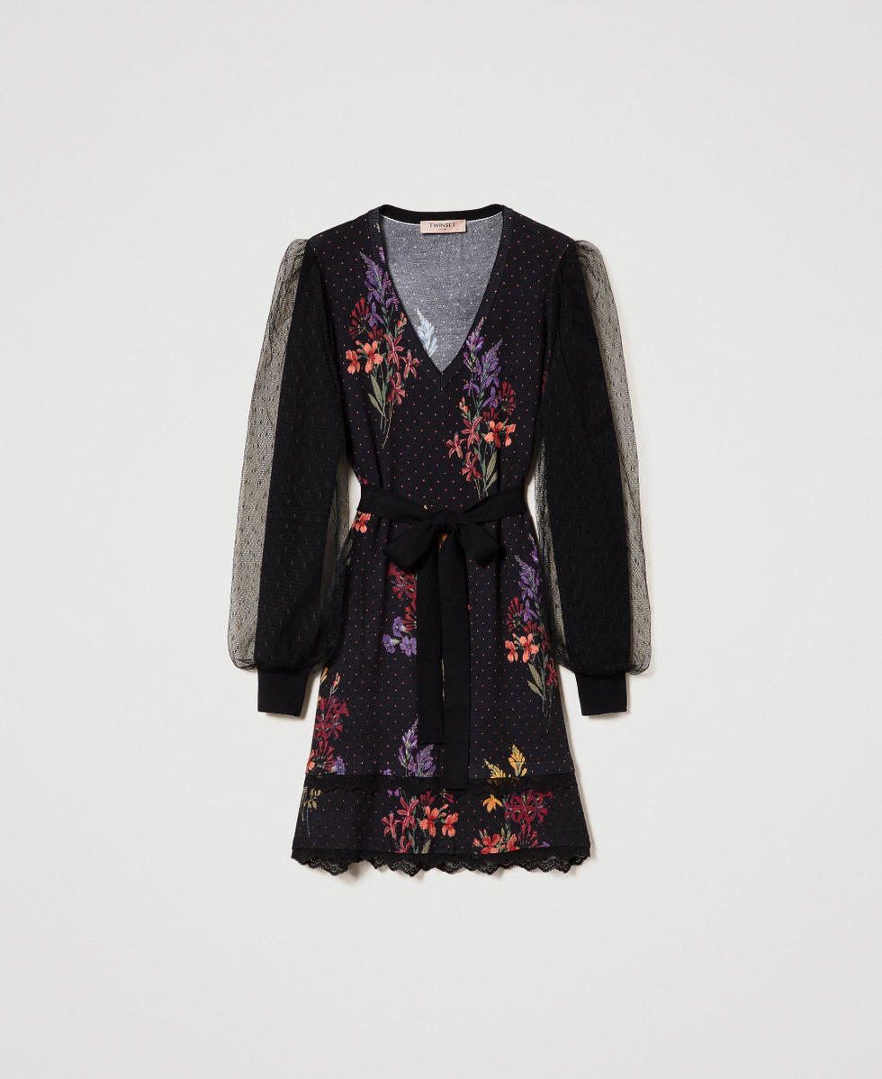 Short knit dress with tulle sleeves Woman, Black