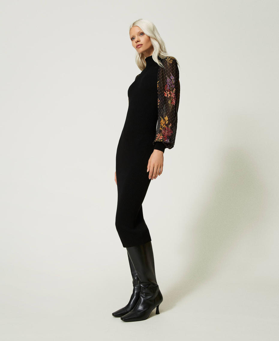Knit and georgette midi dress Two-tone Black /Jolie Fleurs Print / Black Woman 232TT3530-01